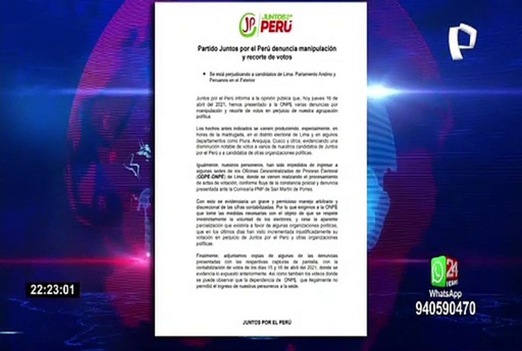Juntos por el Perú denuncio ante la ONPE supuesta manipulación de votos