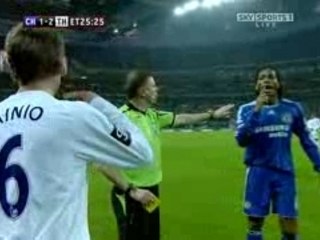 Tainio booked for wasting time, Ballack and Drogba reactions