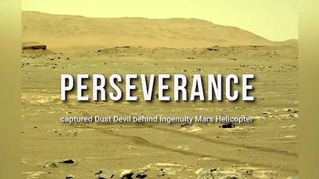 Dust Devil behind Ingenuity Mars Helicopter photographed by Perseverance Rover