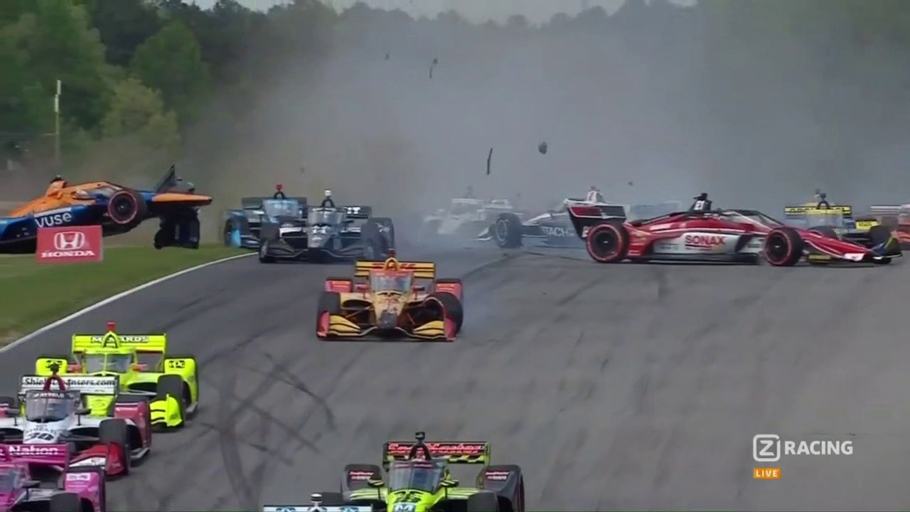 Indycar Barber 2021 Start Newgarden Spins Huge Crash Pile Up