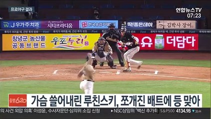 [프로야구] NC 루친스키, 부러진 방망이에 맞은 뒤 '와르르'
