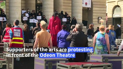 Supporters of the arts stage a protest outside the Odeon theatre in Paris
