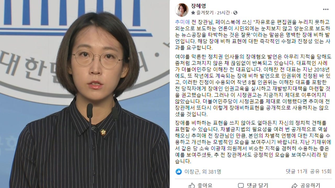 장혜영 "추미애 '외눈' 표현 장애인 비하...사과해야" / YTN