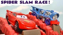 Disney Pixar Cars 3 Lightning McQueen in Hot Wheels Spider Slam Funny Funlings Race with Marvel Avengers Spiderman versus DC Comics in this Video for Kids from Kid Friendly Family Channel Toy Trains 4U