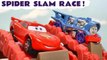 Disney Pixar Cars 3 Lightning McQueen in Hot Wheels Spider Slam Funny Funlings Race with Marvel Avengers Spiderman versus DC Comics in this Video for Kids from Kid Friendly Family Channel Toy Trains 4U