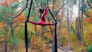 Nature Acrobat performing on an aerial silk above a pond | Licensed footage - See Disclaimer in Description