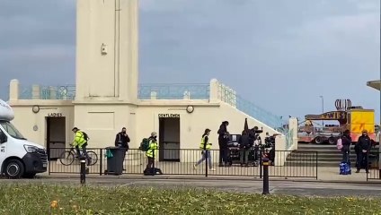 Darwin filming at the clock tower, Seaton Carew