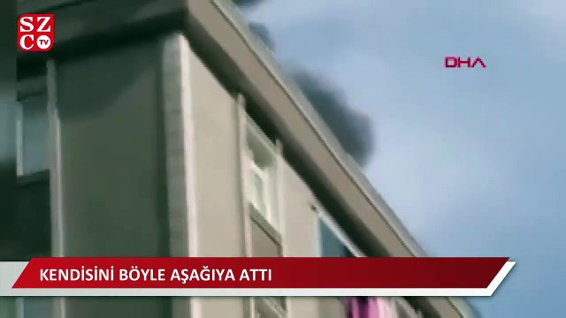 Bağcılar'da binanın çatısında yangın; çatıdan atlama anı kamerada