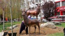 Bolu’da ayı heykeli yerine yapılan geyik heykelleri meydana konuldu