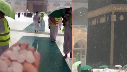Mekke'ye ceviz büyüklüğünde dolu yağdı! Müslümanlar Kabe'yi yoğun yağış altında tavaf etti