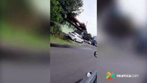 tn7 Video- Carro se lleva portón de escuela y lo arrastra hasta media calle 290421
