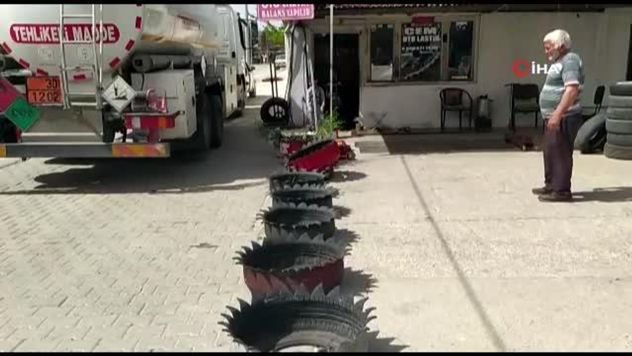 Eski lastiklerden saksı ve süs havuzu yapıyor