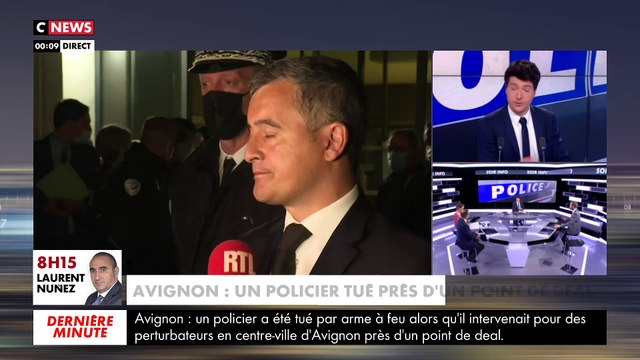 Policier tué à Avignon - Revoir l'intégralité de l'intervention, peu après minuit, du Ministre de l'Intérieur, Gérald Darmanin, très ému : Un soldat est mort en héros pour lutter contre le trafic de stupéfiants