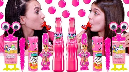 ASMR Pink One Color Food Mukbang #2 (Tik Tok Jelly Animals, Lollipops, Twist and Drink)