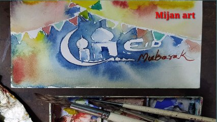 Eid mubarak drawing by water colour painting