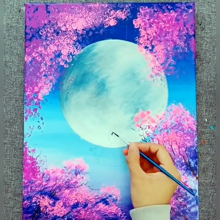 12 Super Easy Painting Ideas For Beginners - Moonlight Cherry Blossom  Painting Ideas