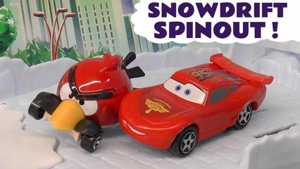 Hot Wheels Snowdrift Spinout with Disney Cars Lighting McQueen versus DC Comics Batman in this Funny Funlings Race Family Friendly Video for Kids by  Kid Friendly Family Channel Toy Trains 4U