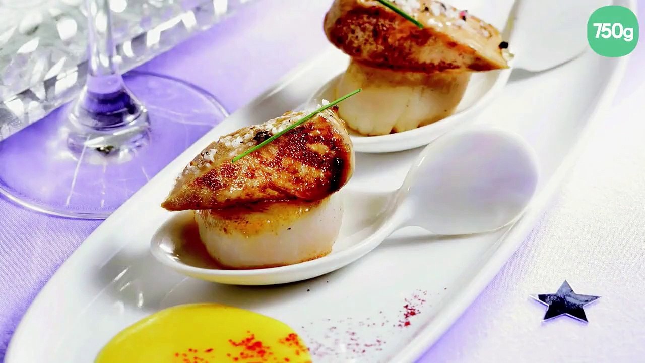 Poêlées de noix de St Jacques au foie gras sur crème de giraumon safranée