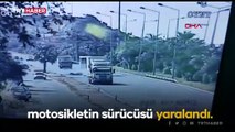 Kamyon ile motosikletin çarpışması kameralara yansıdı