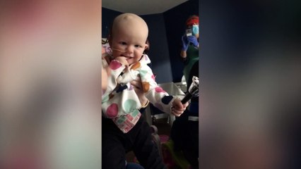 This is the moment family and nurses chanted ‘no more chemo’ as a two-year-old rang an end-of-cancer treatment bell
