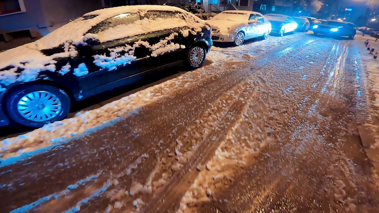 A scene from town during snowy winter night.