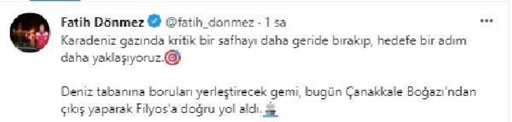 Bakan Dönmez:  Deniz tabanına boruları yerleştirecek gemi Filyos'a doğru yol aldı