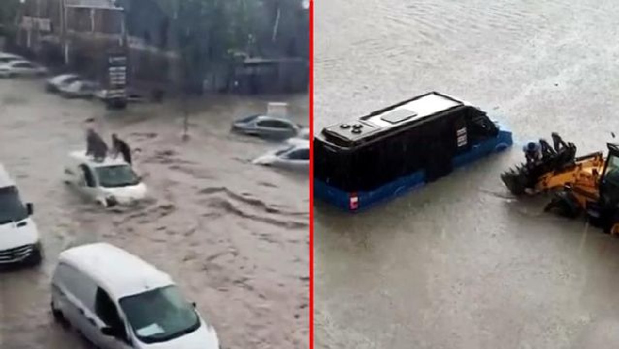Ankara'da sağanak yağış nedeniyle yollar göle döndü! Mahsur kalanlar iş makinesiyle kurtarıldı