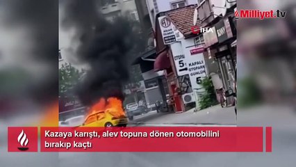 Aracın alevlere teslim olduğu anlar kamerada