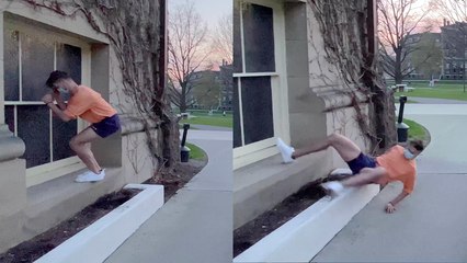 'Freerunning devotee tests his 'precision game' by attempting a flip to a windowsill! '