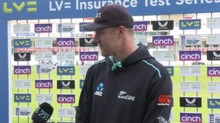 England's Alex Lees and New Zealand fast bowler Kyle Jamieson on second test