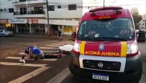 Colisão entre motos deixa homem ferido na esquina das ruas Marechal C. Rondon e Rio Grande do Sul, no Centro