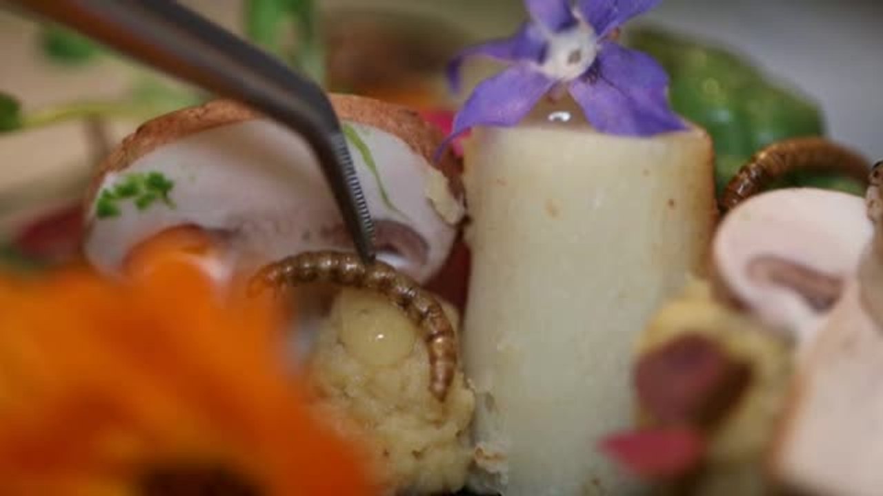 El chef francés Laurent Veyet cocina platos con gusanos de la harina que cultiva en su restaurante de París