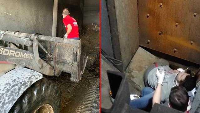 Düştüğü taş ezme makinesinde bacağı kopan işçiyi, kepçeyle taşıdılar