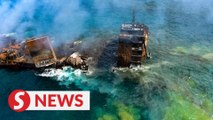 Drone captures images of sunken cargo ship off Sri Lanka coast