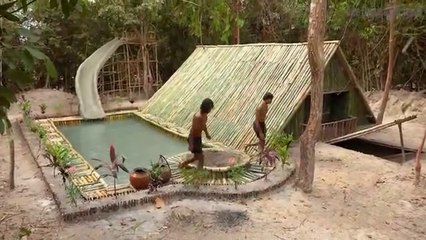 Bamboo Swimming Pool With Water Slide On Underground Home