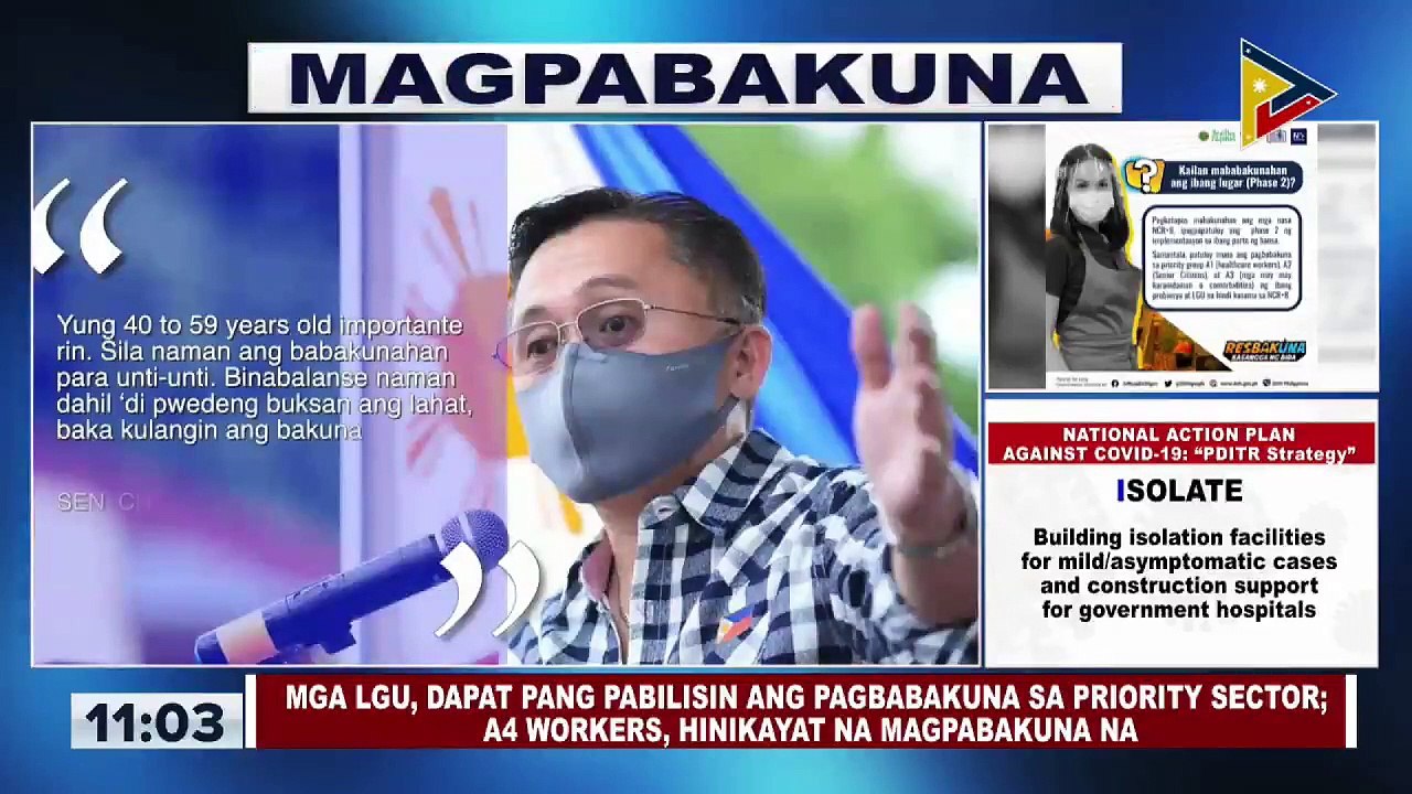 Mga LGU, dapat pang pabilisin ang pagbabakuna sa priority sector; A4 workers, hinikayat na magpabakuna na