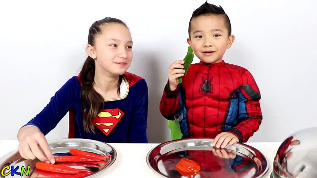 Superhero Gummy Vs Real Food Spiderman Vs Supergirl Challenge Ckn Toys