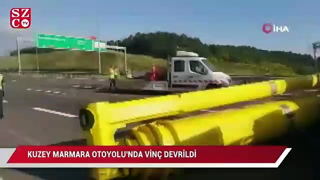 Kuzey Marmara Otoyolu'nda kontrolden çıkan vinç devrildi:1 yaralı