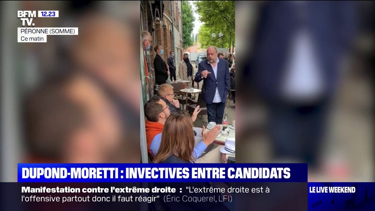 Vif échange entre Éric Dupond-Moretti et Damien Rieu, candidat RN aux départementales, sur une terrasse de Péronne
