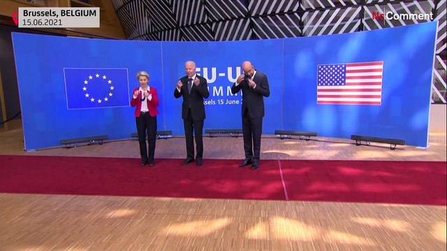 EU`s Michel and von der Leyen greet Biden at Council building