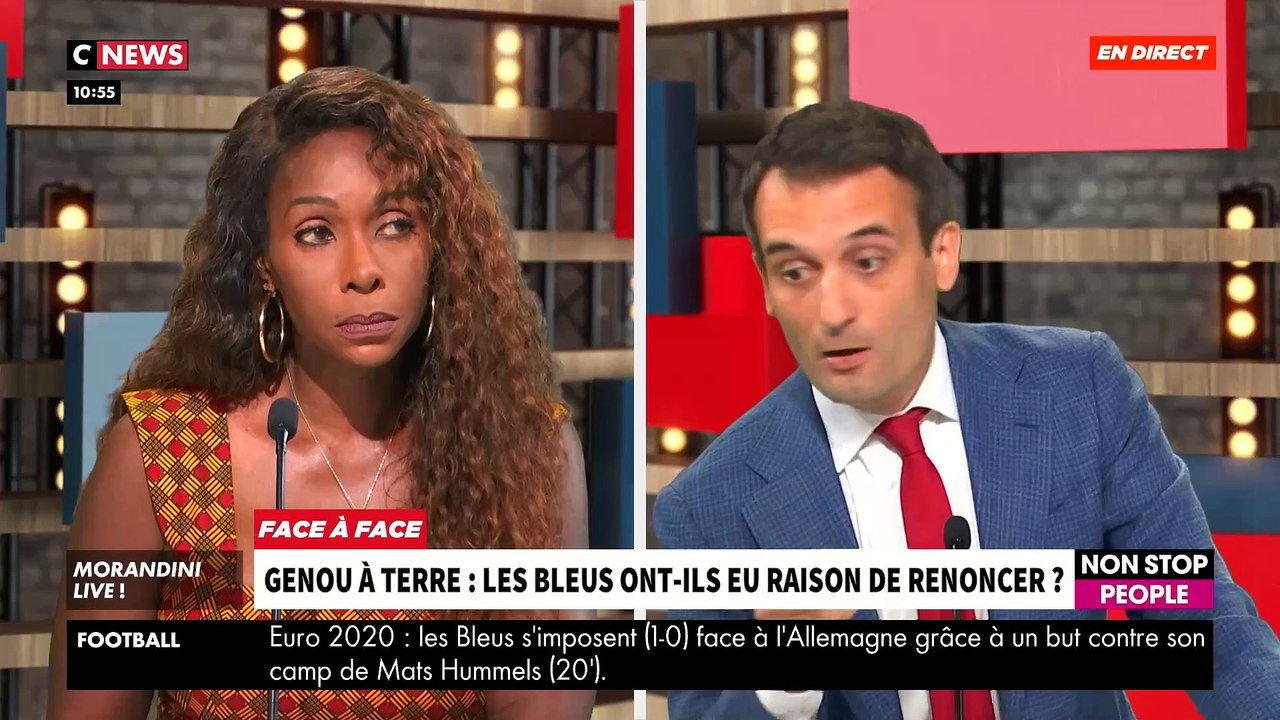 Genou à terre: Les Bleus ont-ils eu raison de renoncer ? Regardez le débat tendu entre Florian Philippot et Thiaba Bruni, Vice-Présidente du CRAN, dans "Morandini Live" - VIDEO