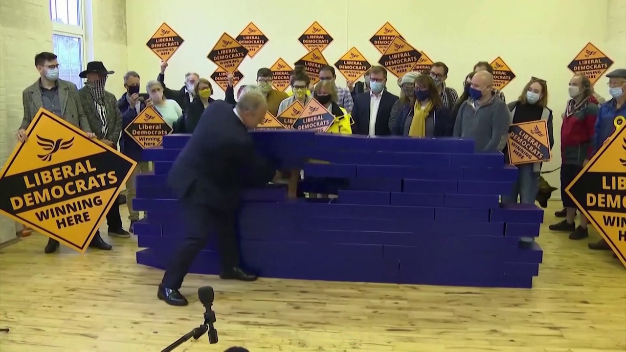 Ed Davey smashes a 'blue wall' as he celebrate Lib Dems winning Chesham and Amersham by-election
