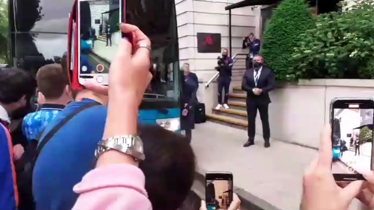 England football team arrive at their hotel in London ahead of their match against Scotland