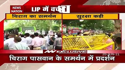 Supporters are raising slogans outside Chirag Paswan's house in Delhi