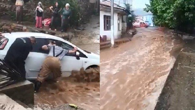 İzmir’de dere ve çaylar taştı, araçlar sürüklendi