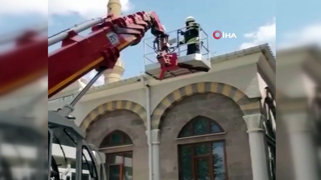 Yuvadan düşen yavru leyleği itfaiye ekipleri kurtardı