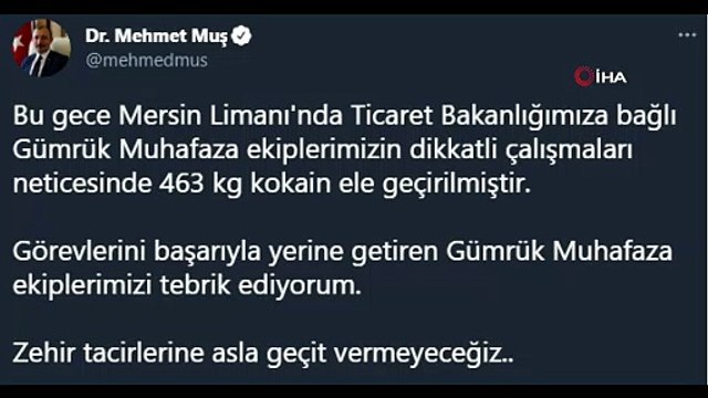 Bakan Muş: Mersin Limanı'nda 463 kilogram kokain ele geçirildi