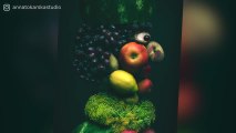 J'utilise des fruits et légumes pour réaliser des portraits réalistes