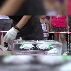 Cet homme sculpte des fleurs dans un bloc de glace