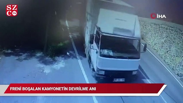 Sarıyer’de freni boşalan kamyonetin devrilme anı kamerada